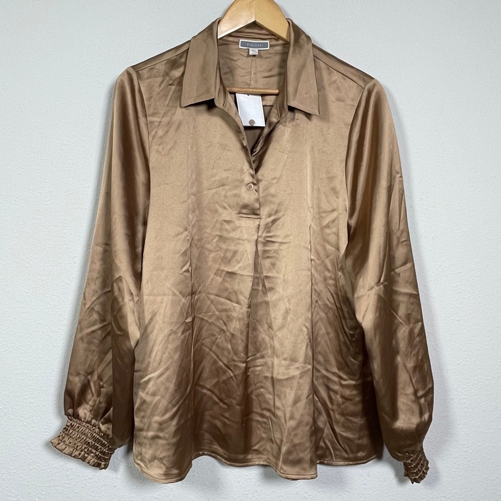 Pleione Satin Blouse Women XL Bronze Gold Smocked Cuff Long Sleeve Workwear Top